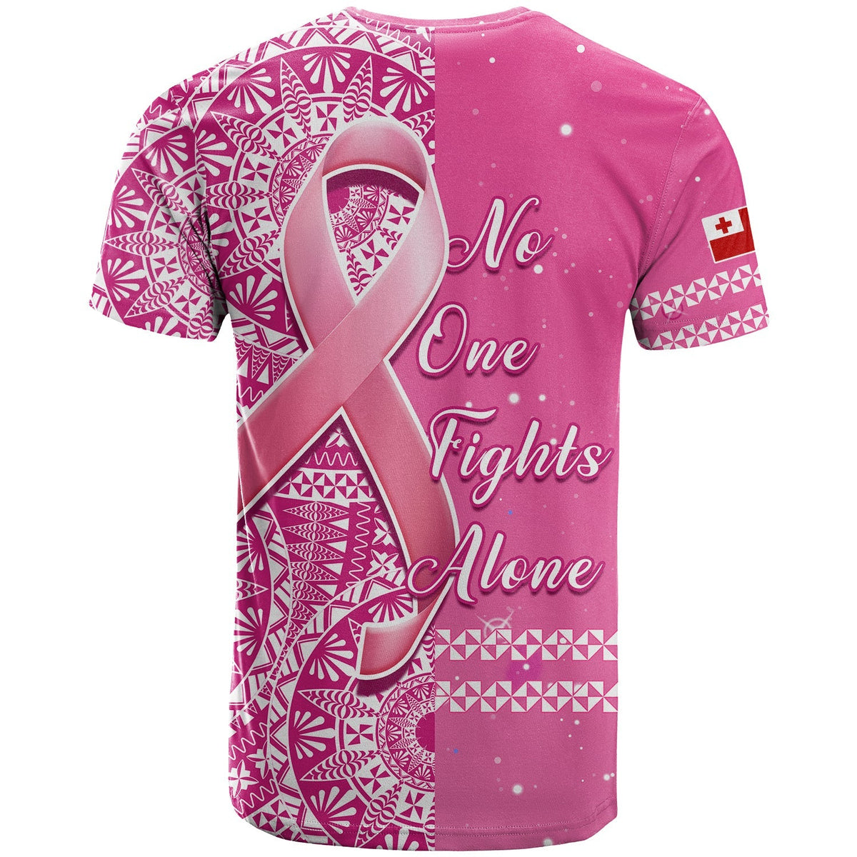 Pink breast cancer awareness T-shirt, back graphic with ribbon and 'No One Fights Alone'