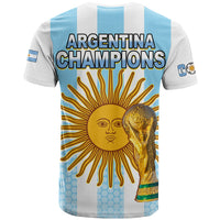 Football T-shirt with light blue/white stripes and 'ARGENTINA CHAMPIONS' back graphic