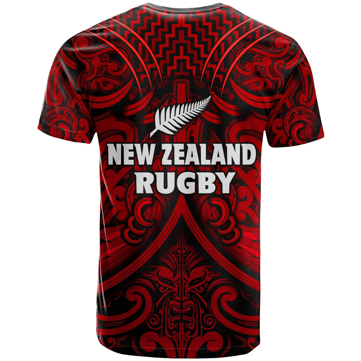 Black and red rugby T-shirt with back print "New Zealand Rugby" and Maori-style pattern
