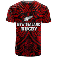 Black and red rugby T-shirt with back print "New Zealand Rugby" and Maori-style pattern