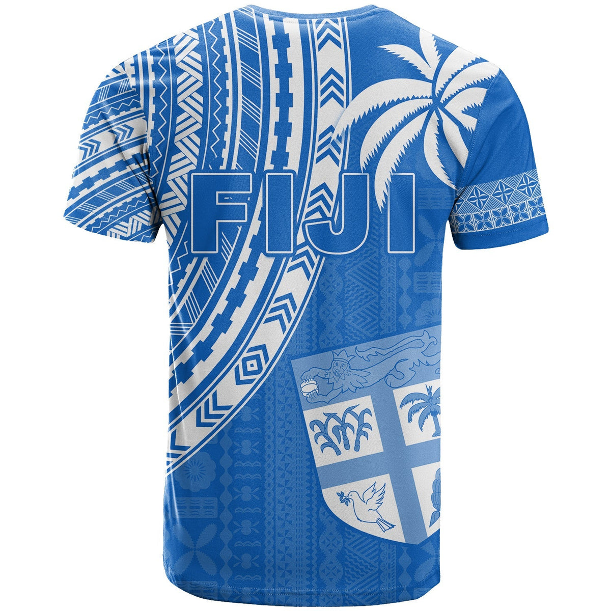 Blue rugby sevens T-shirt with large Fiji 7s text, palm tree art, white geometric stripes