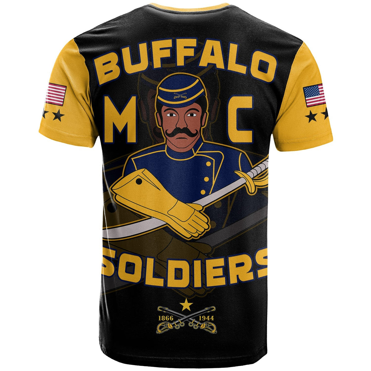 Black T-shirt with yellow sleeves and Buffalo Soldiers back graphic