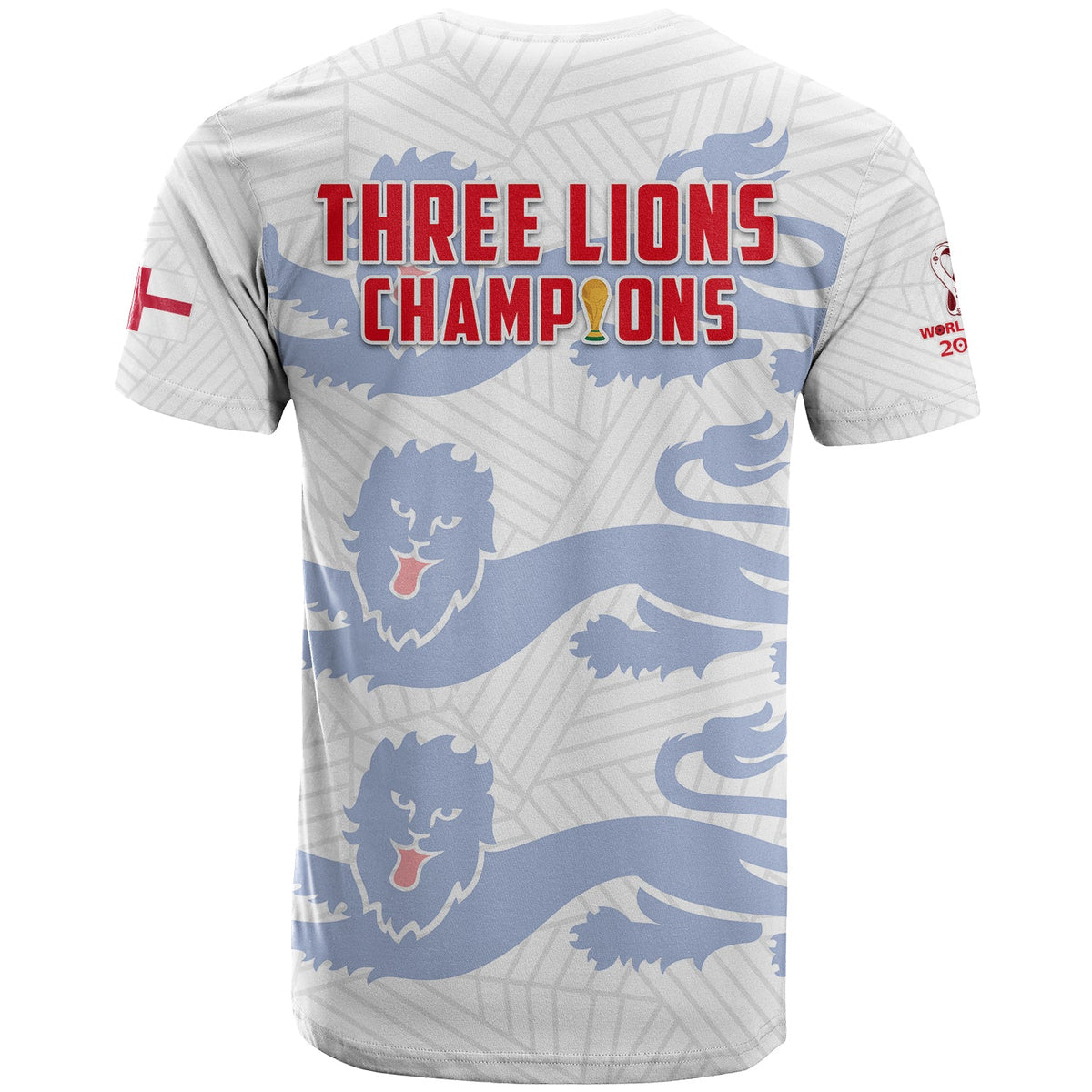 England football T-shirt back: white with blue lion pattern and "THREE LIONS CHAMPIONS" text