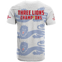 England football T-shirt back: white with blue lion pattern and "THREE LIONS CHAMPIONS" text