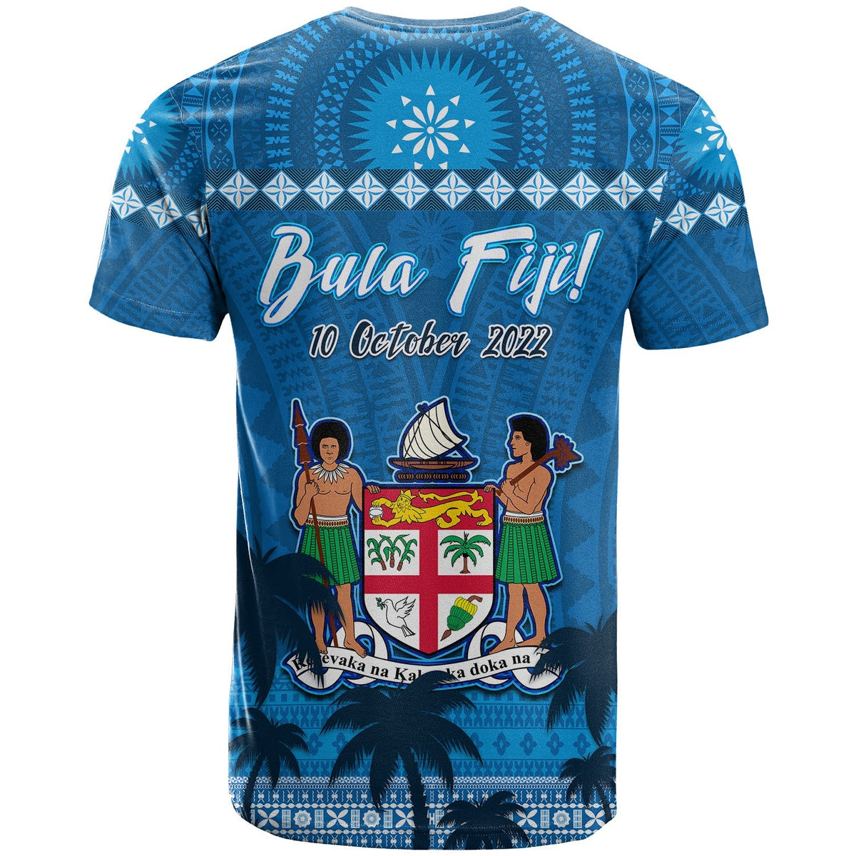 Blue T-shirt with 'Bula Fiji' text, date, and shield with island figures on back