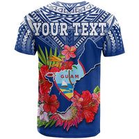 Blue T-shirt back with YOUR TEXT, Guam map graphic, tropical flowers and leaves
