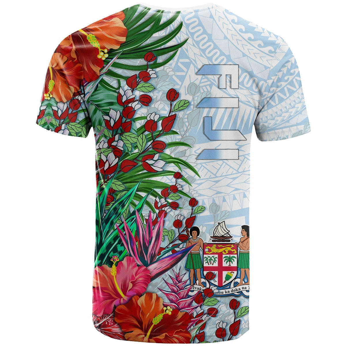 Fiji tropical T-shirt back with large floral cluster, palms and tapa pattern