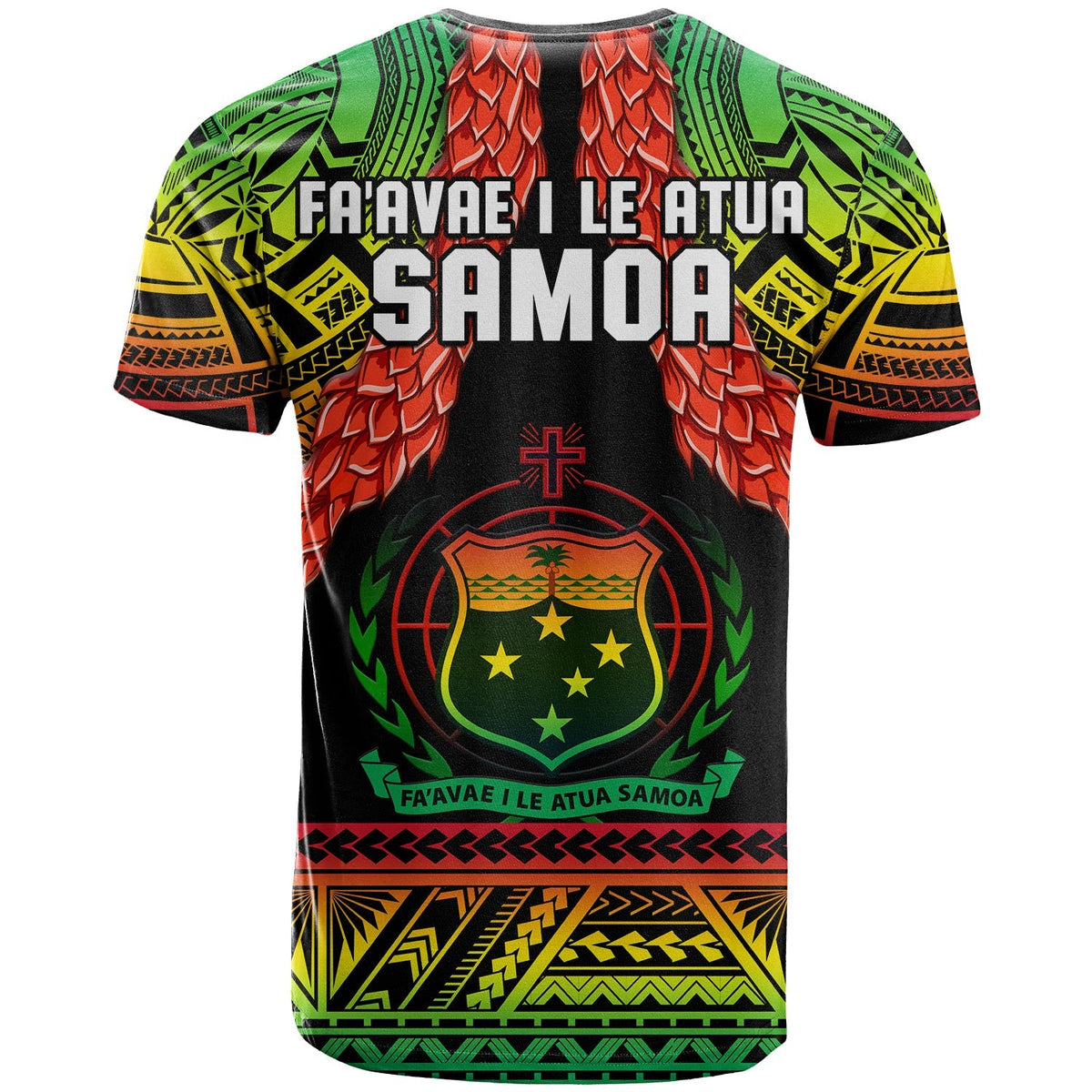 Samoa rugby t-shirt back, black with green-yellow-red shield graphic and SAMOA text