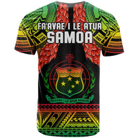 Samoa rugby t-shirt back, black with green-yellow-red shield graphic and SAMOA text