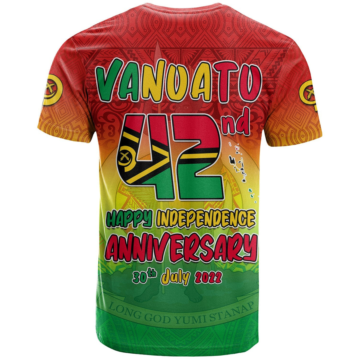 Red T-shirt back: VANUATU 42nd Happy Independence Anniversary, 30th July 2021