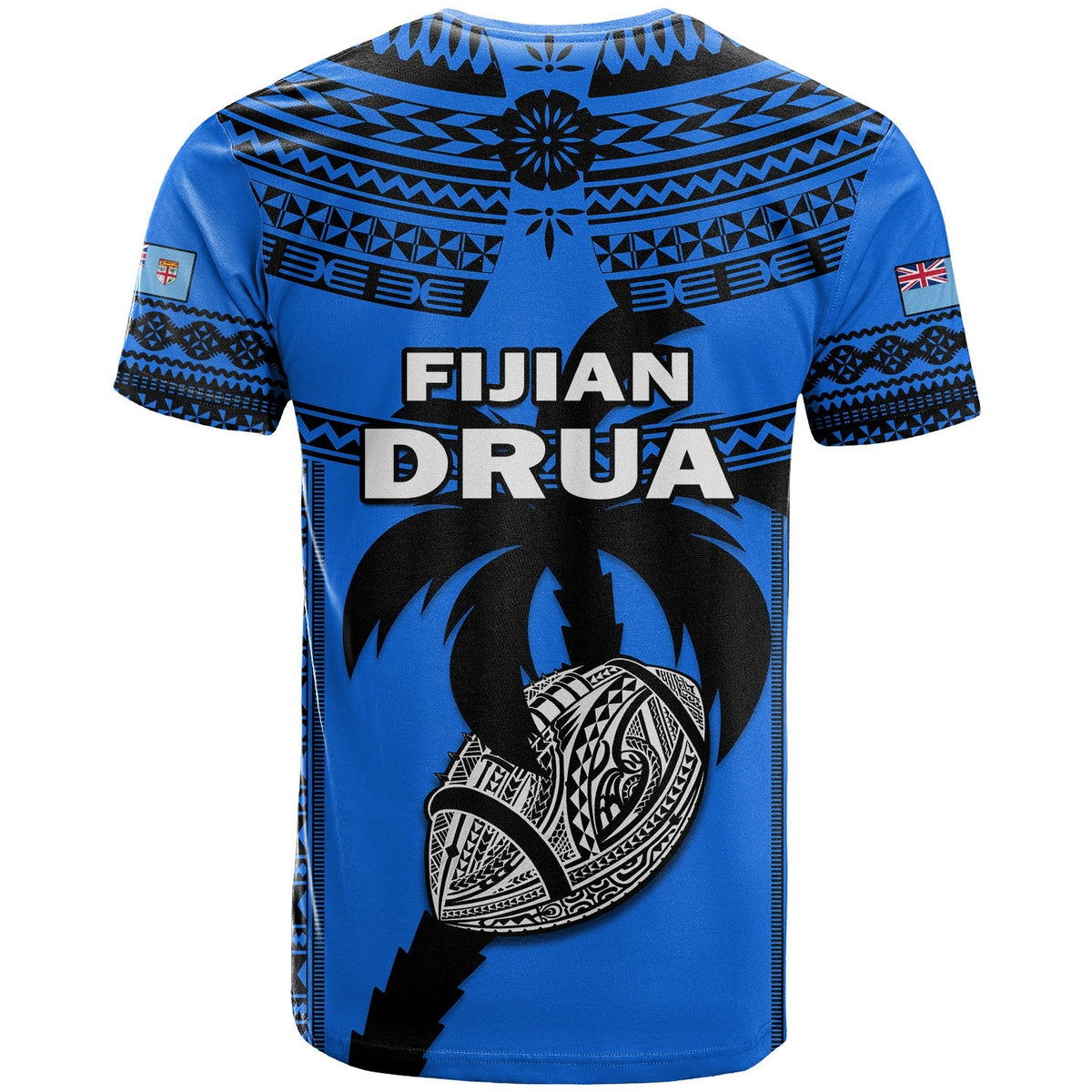 Blue rugby T-shirt, back print with large black mask graphic and Fiji/Drua text