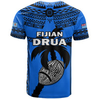 Blue rugby T-shirt, back print with large black mask graphic and Fiji/Drua text