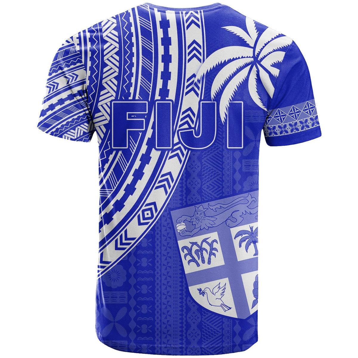 Blue rugby sevens T-shirt with FIJI text and shield graphic on geometric print