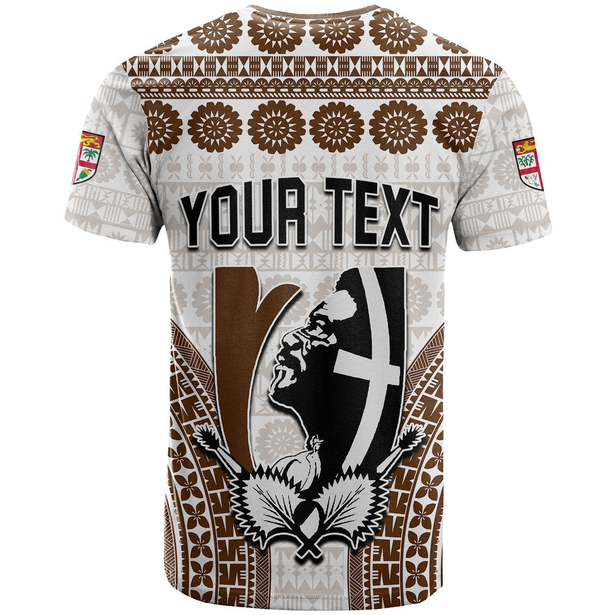 White crew-neck t-shirt with brown tapa pattern and 'YOUR TEXT' graphic on back