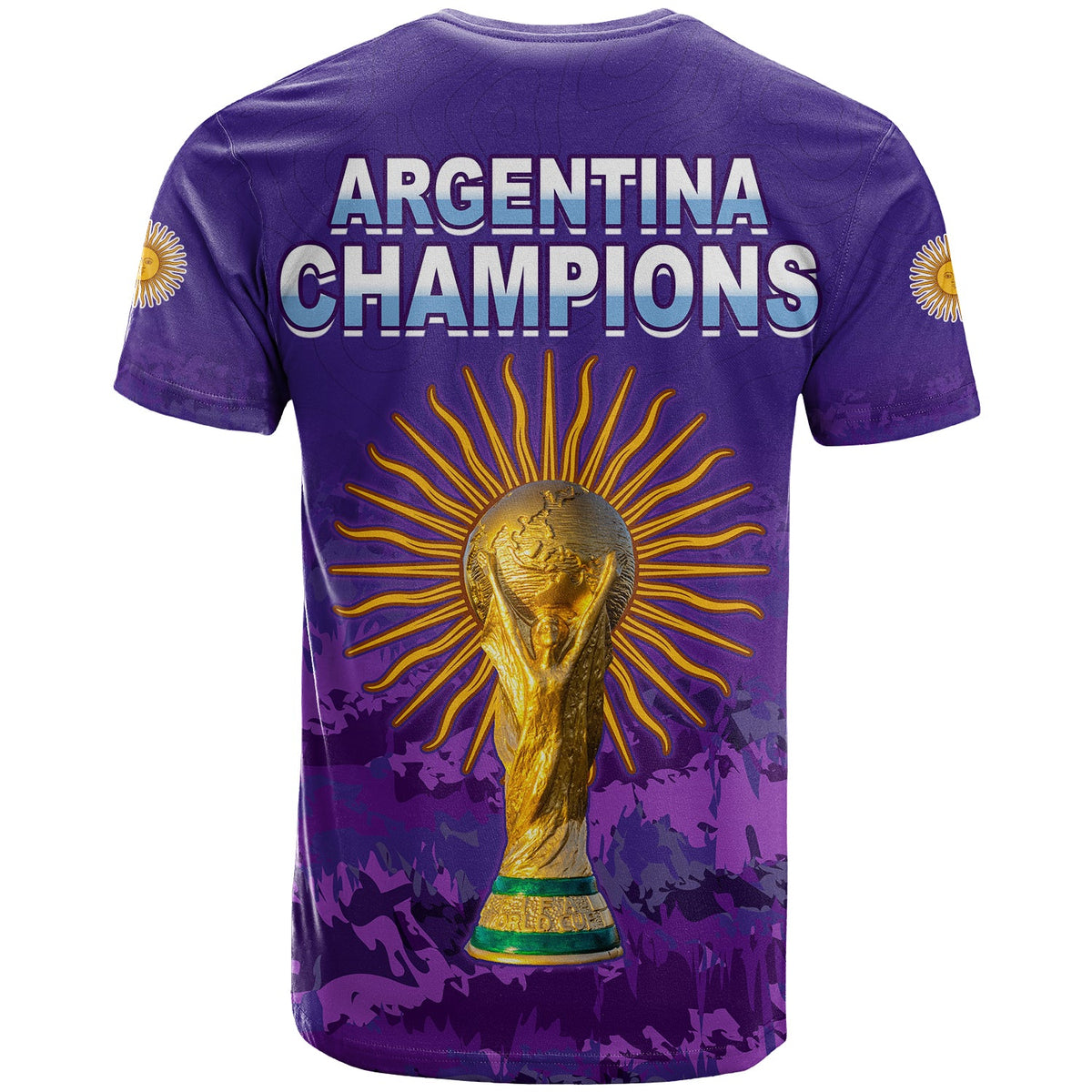 Purple football T-shirt with 'ARGENTINA CHAMPIONS' text and trophy graphic