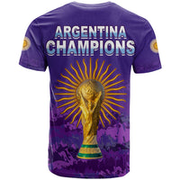 Purple football T-shirt with 'ARGENTINA CHAMPIONS' text and trophy graphic