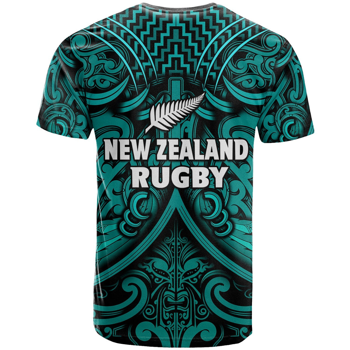 Turquoise and black rugby T-shirt with New Zealand Rugby text and tribal pattern, back view