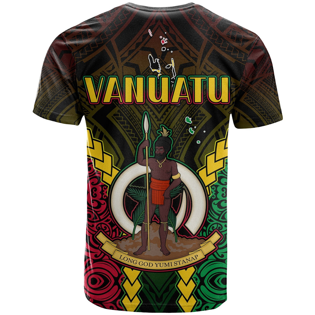 Adult black T-shirt with 'VANUATU' text and standing figure on back