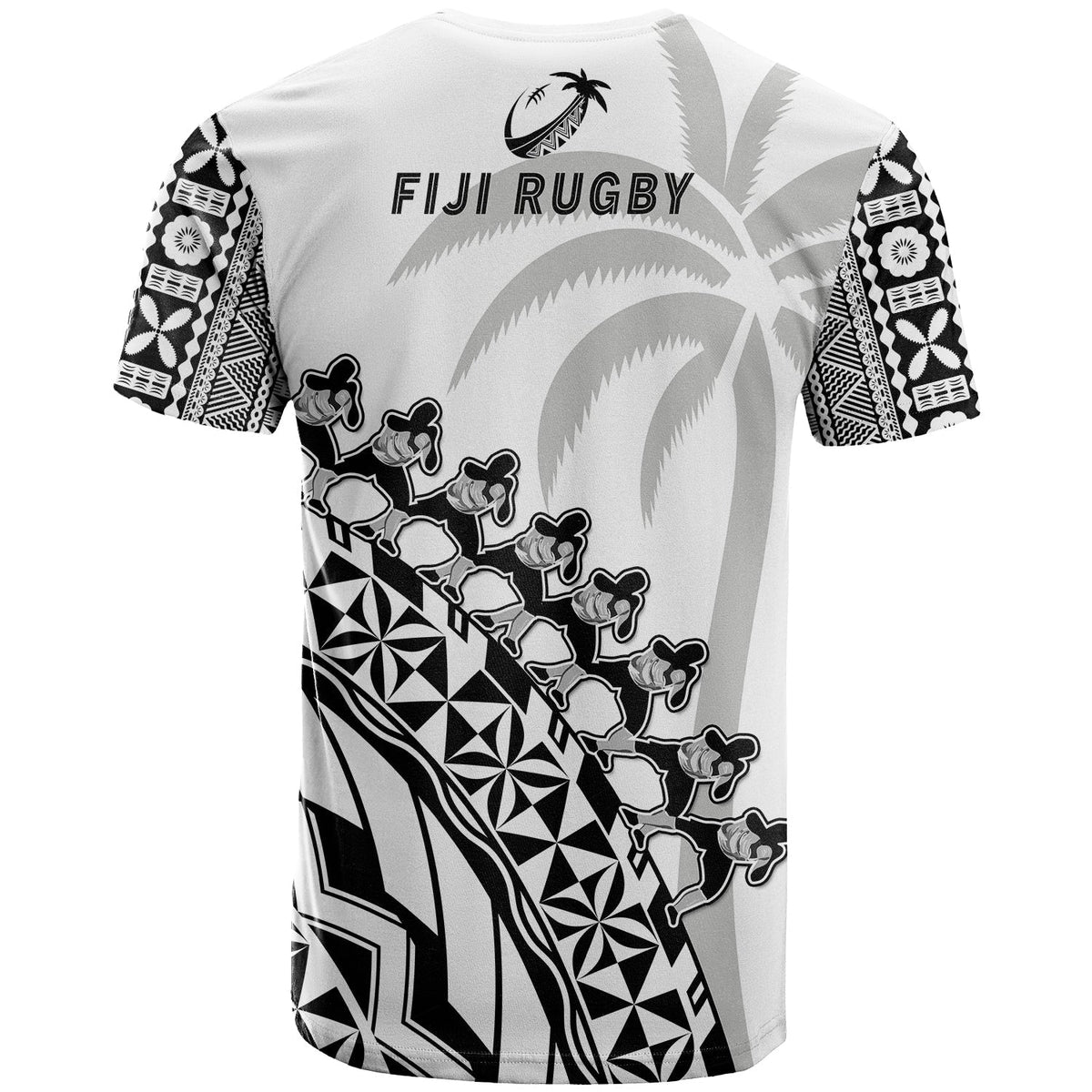 White rugby T-shirt back view with black tribal pattern, arched emblem and 'FIJI RUGBY' text