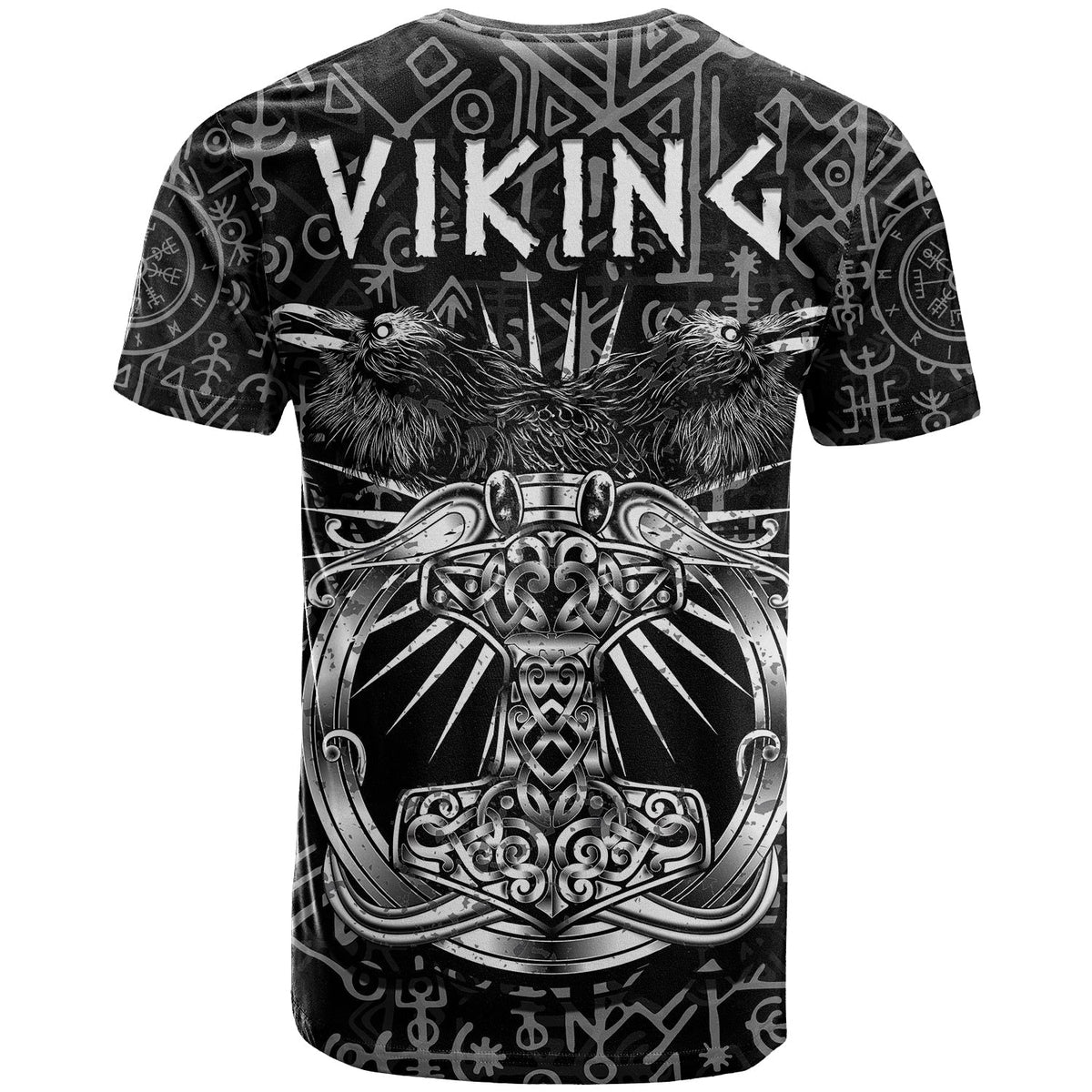 Black Viking T-shirt back view with 'VIKING' text and round shield/hammer rune art