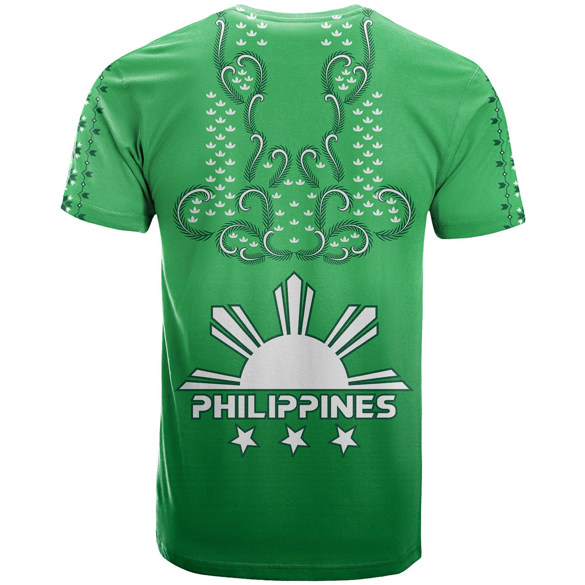 Green short-sleeve T-shirt with white Philippines text and star emblem on back