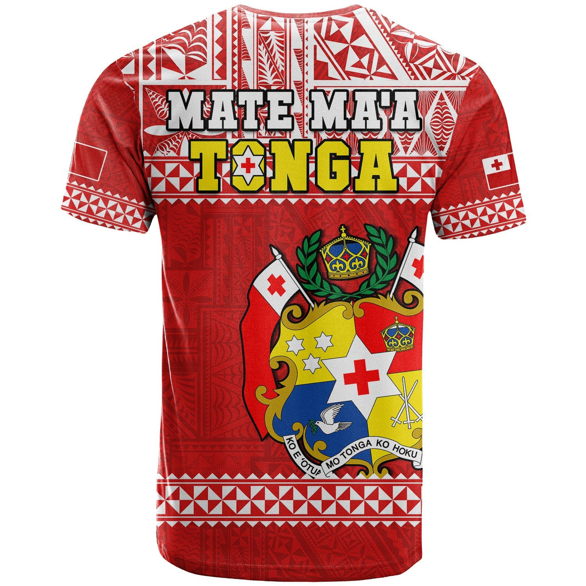 Red rugby-style T-shirt back with large crest graphic and Mate Ma'a Tonga league white patterns