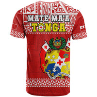 Red rugby-style T-shirt back with large crest graphic and Mate Ma'a Tonga league white patterns