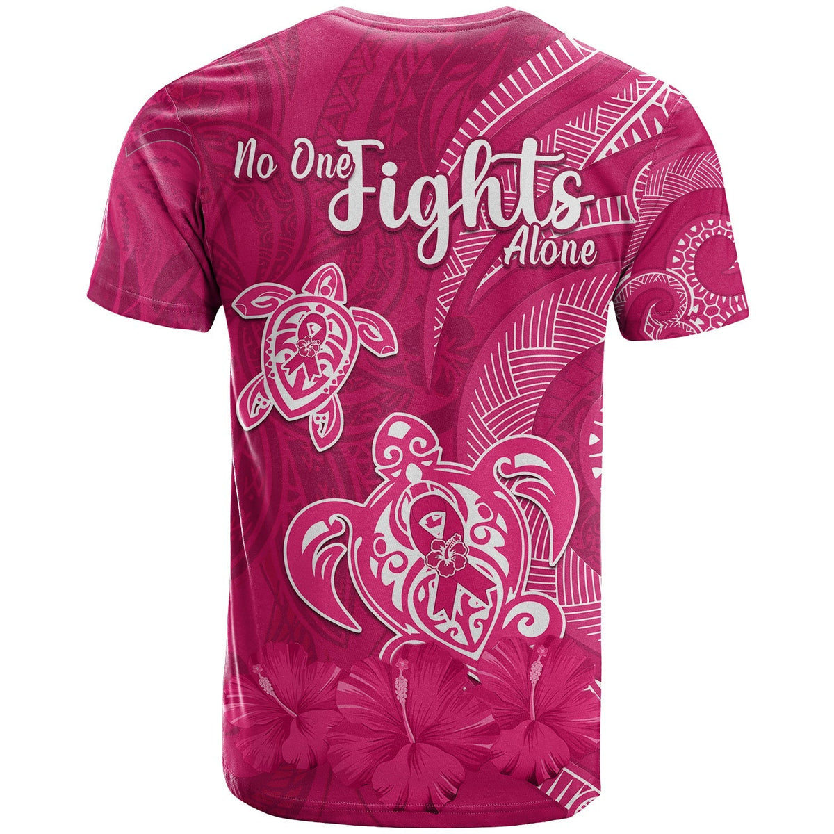 Pink breast cancer awareness T-shirt with 'No One Fights Alone' back print
