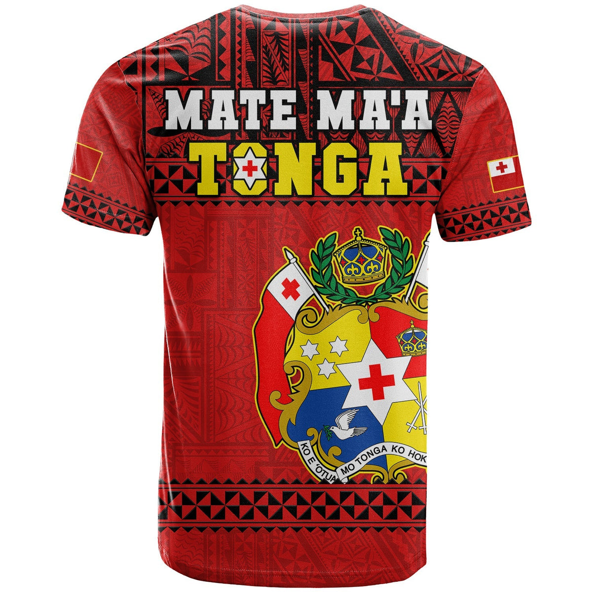 Tonga rugby t-shirt, red with black pattern, Mate Maa Tonga back graphic and crest