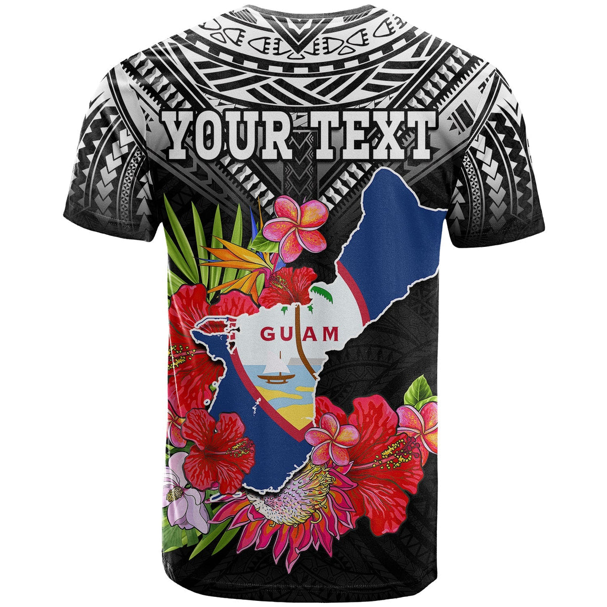 Black T-shirt with YOUR TEXT and Guam map graphic, hibiscus flowers and birds