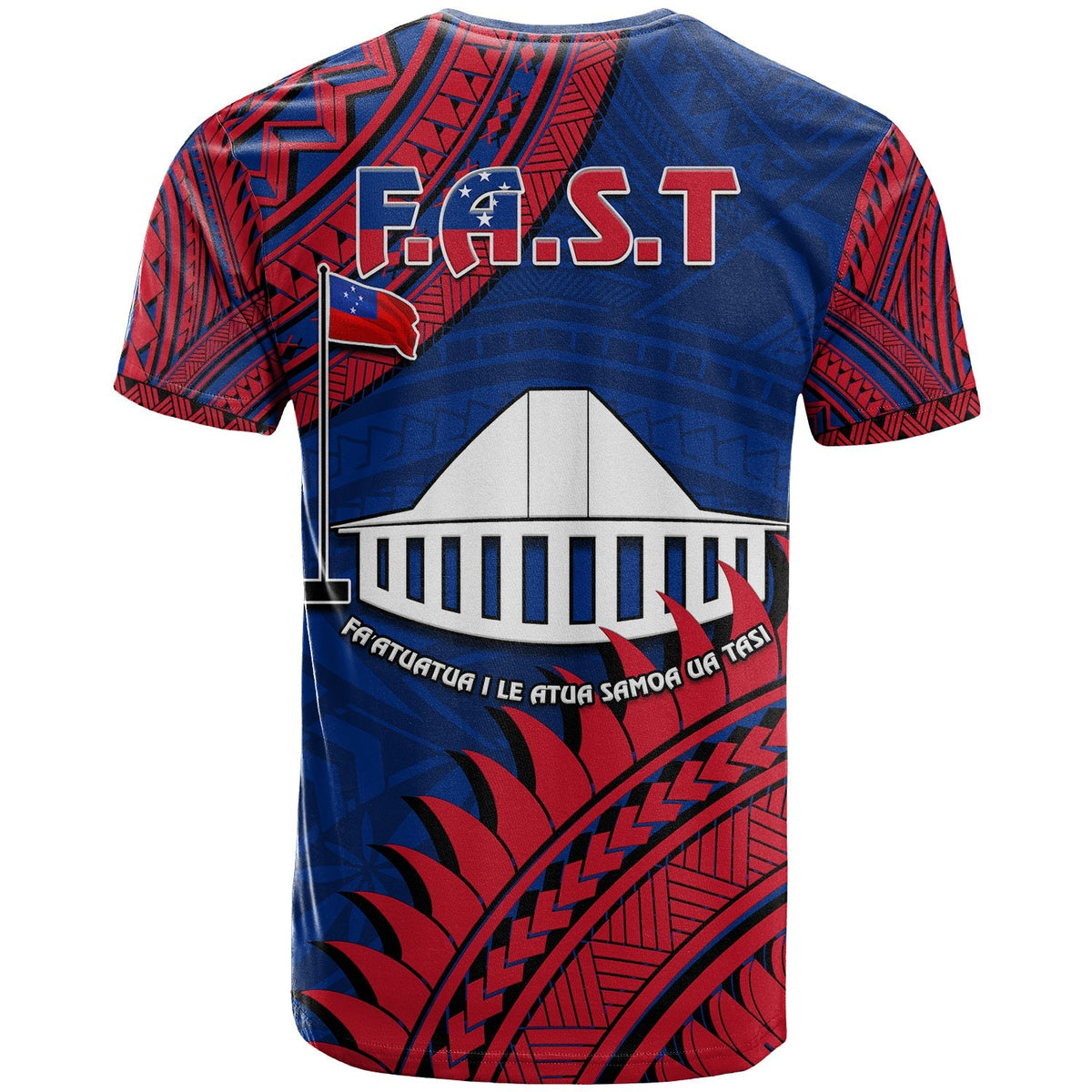 Blue graphic T-shirt, back shows F.A.S.T emblem and white building with patterned border