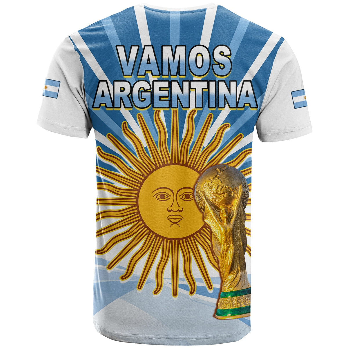 Argentina football t-shirt with blue/white stripes, “Vamos Argentina” back print, sun and gold figure
