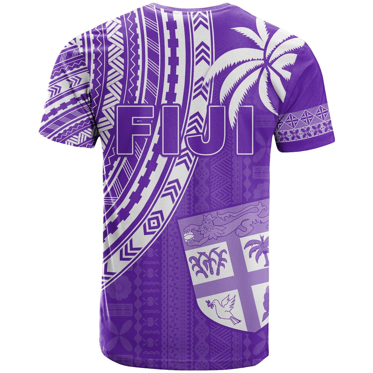 Purple T-shirt back with large 'FIJI' print, patterned panels, palm trees