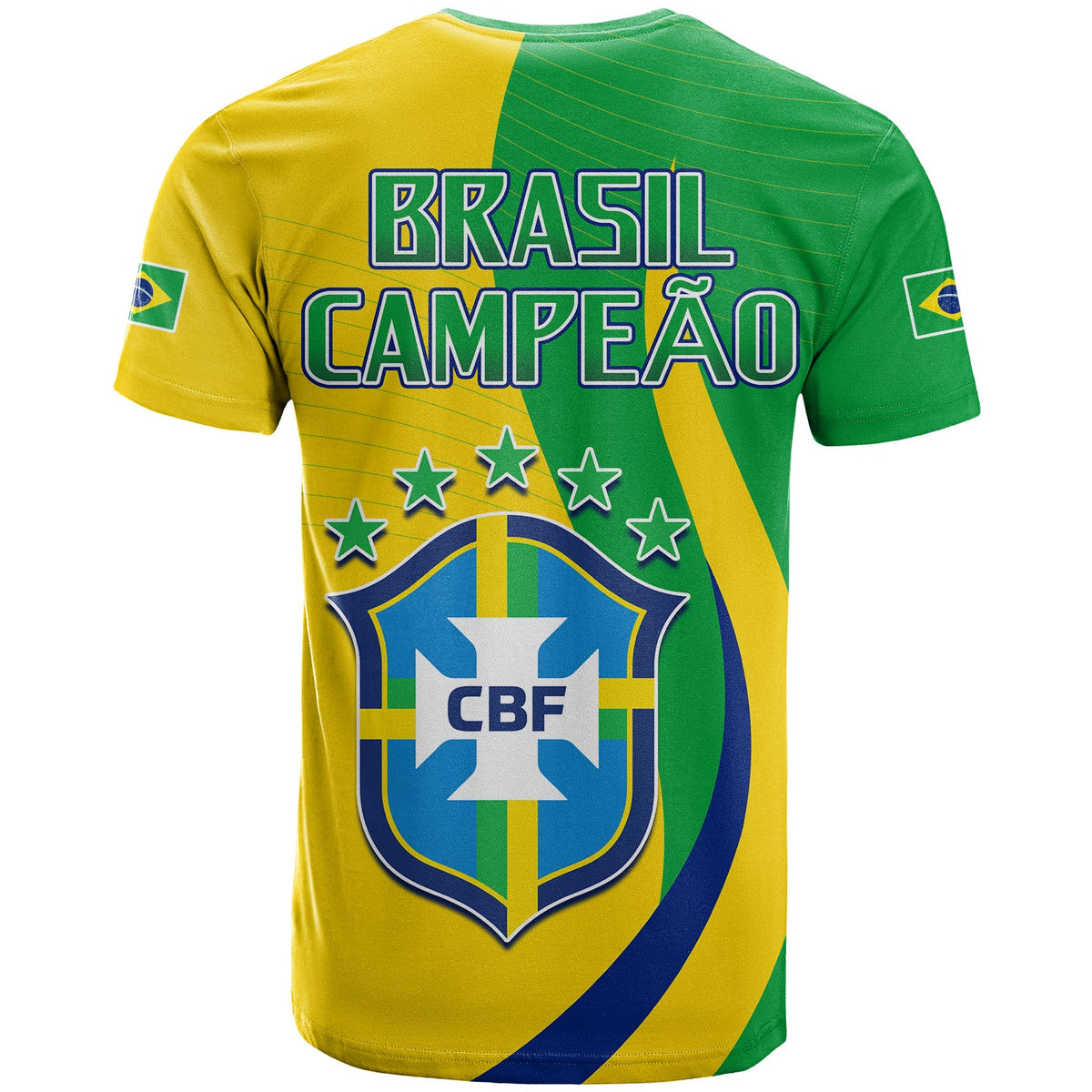 Brazil football T-shirt with green/yellow back design, BRASIL CAMPEAO text and CBF crest