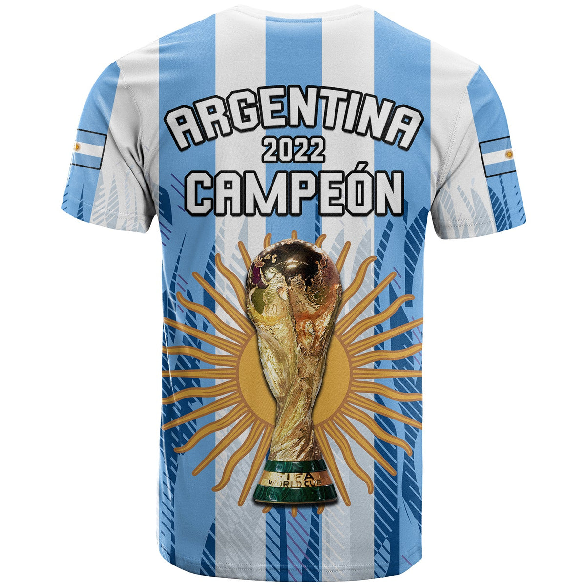 Argentina football T-shirt in blue and white with Argentina 2022 Campeón lettering and trophy