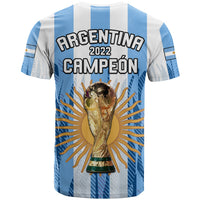 Argentina football T-shirt in blue and white with Argentina 2022 Campeón lettering and trophy