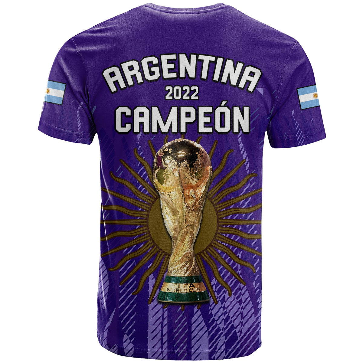 Purple Argentina 2022 Campeón football T-shirt with trophy and rays design