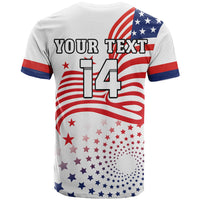 Custom USA football t-shirt, white back with flag graphic, 'YOUR TEXT' and 14