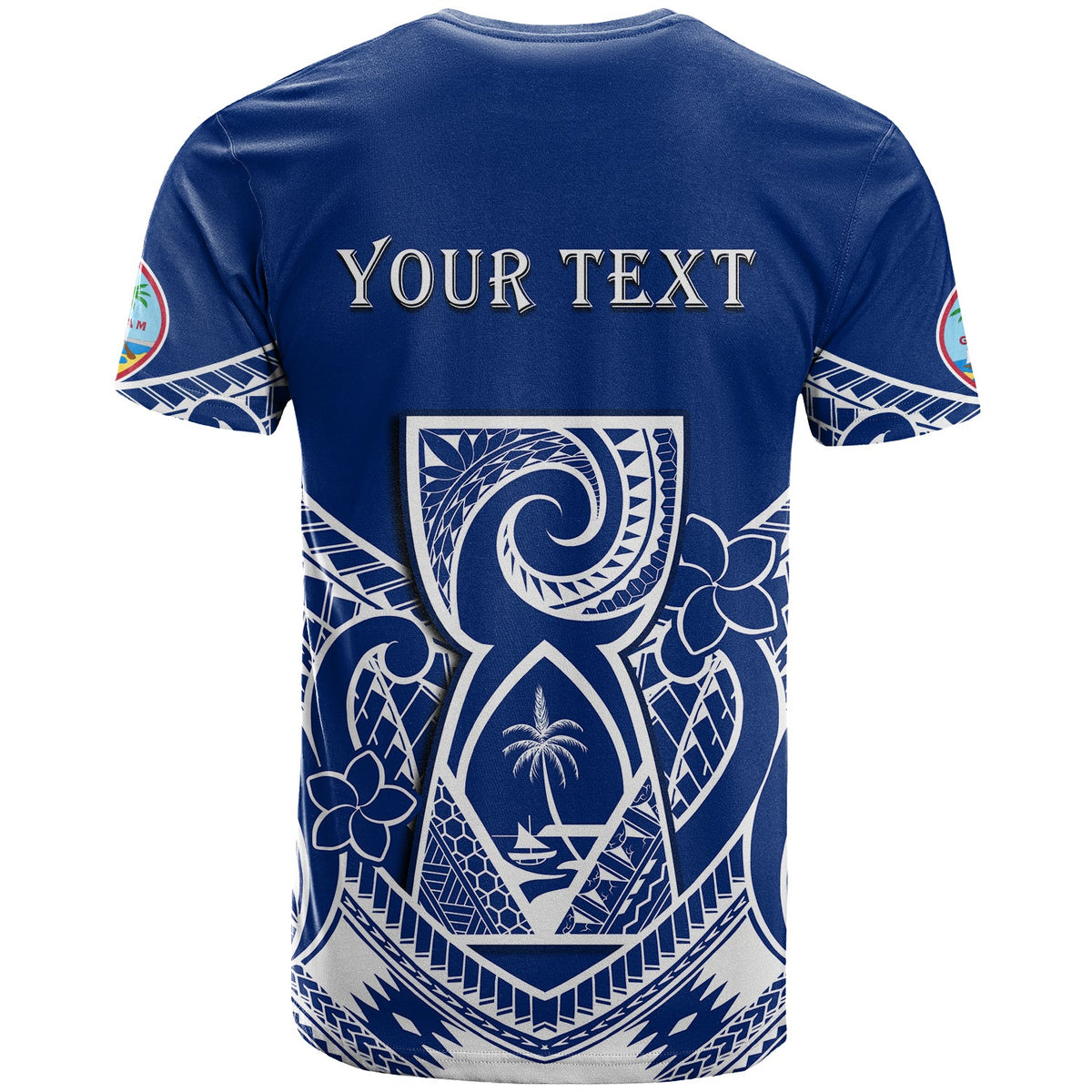 Blue T-shirt with back print reading “YOUR TEXT” over large tribal-style graphic