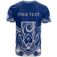 Blue T-shirt with back print reading “YOUR TEXT” over large tribal-style graphic