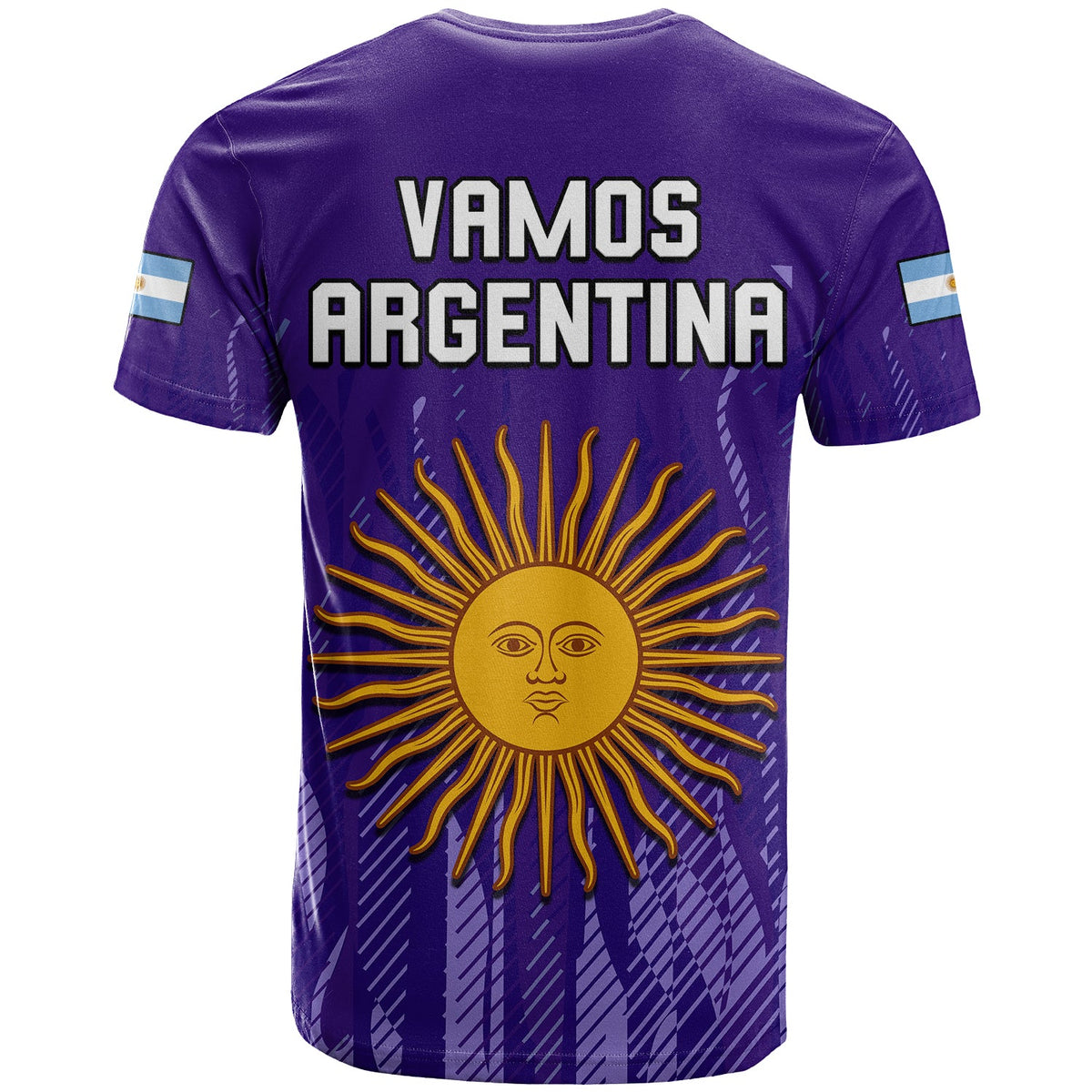 Purple Argentina football T-shirt with VAMOS and ARGENTINA text, sun graphic on back
