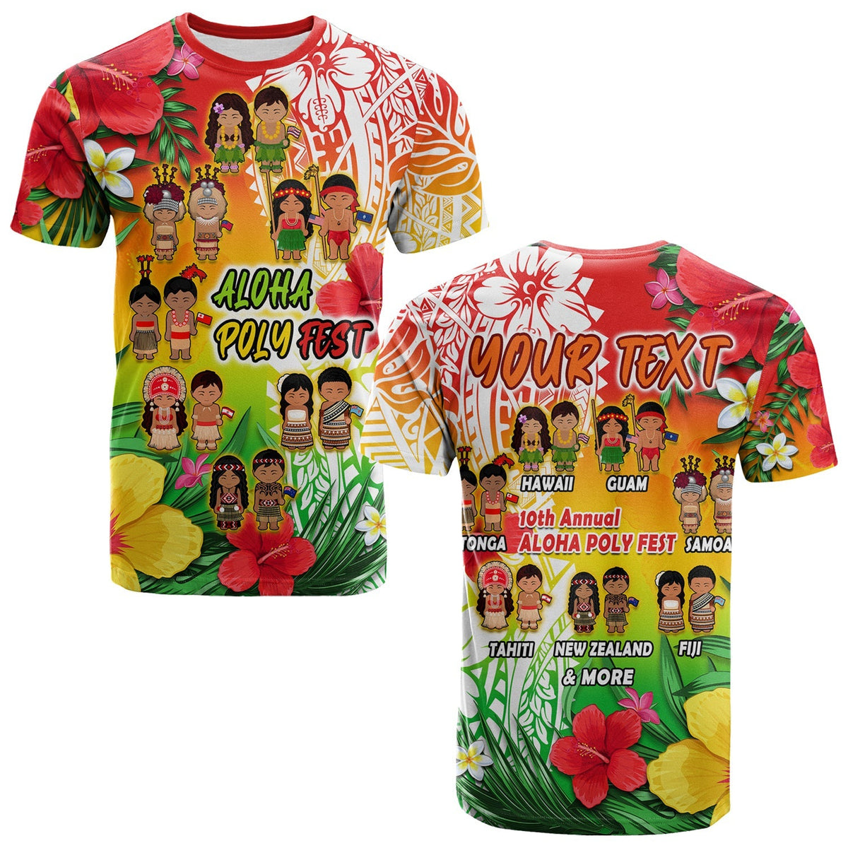 Custom Aloha Poly Fest T Shirt Polynesian Pattern With Tropical Flowers - Wonder Print Shop