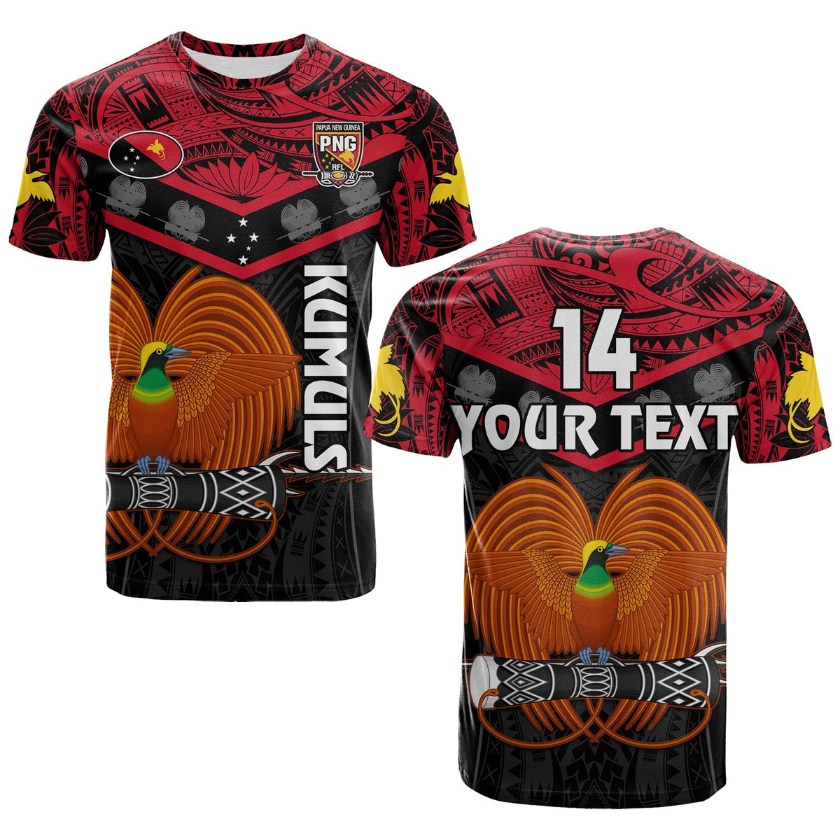 Custom Text And Number Papua New Guinea Rugby T Shirt PNG Kumuls Bird Of Paradise Black - Wonder Print Shop