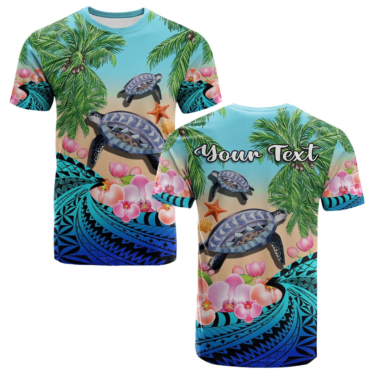 Custom Polynesian Turtle Coconut Tree And Orchids T Shirt - Wonder Print Shop