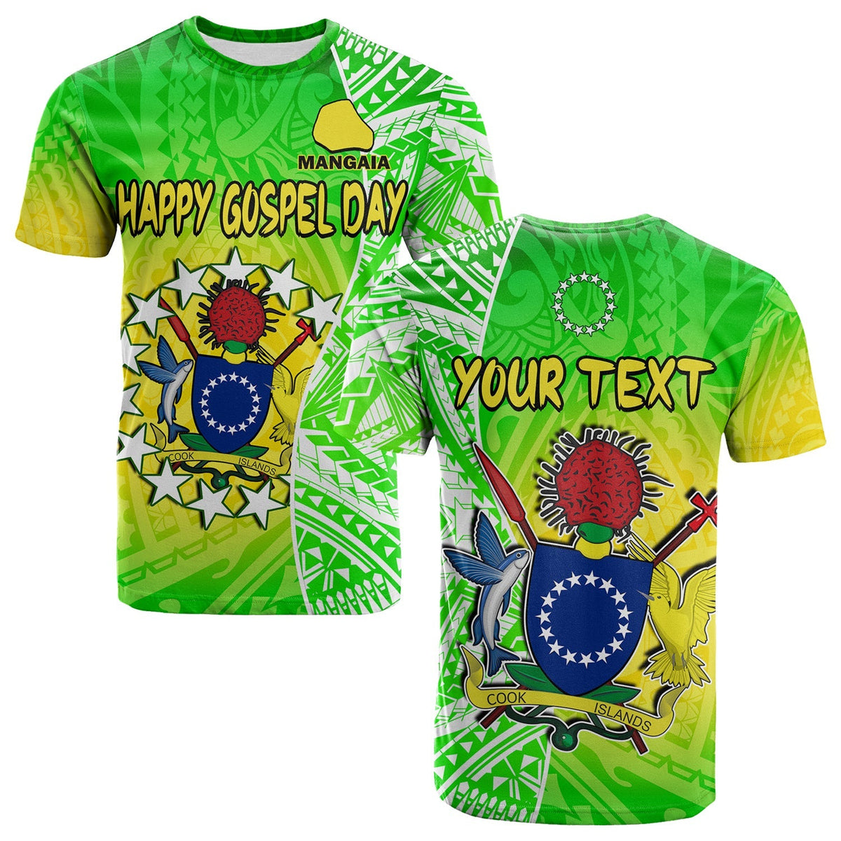 Custom Happy Mangaia Gospel Day T Shirt Cook Islands Coat Of Arms Polynesian Pattern - Wonder Print Shop