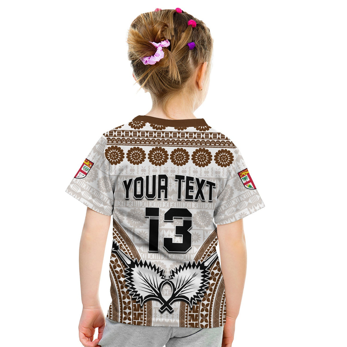 Kids rugby-style T-shirt, grey with brown tapa pattern, 'YOUR TEXT' and number '13'
