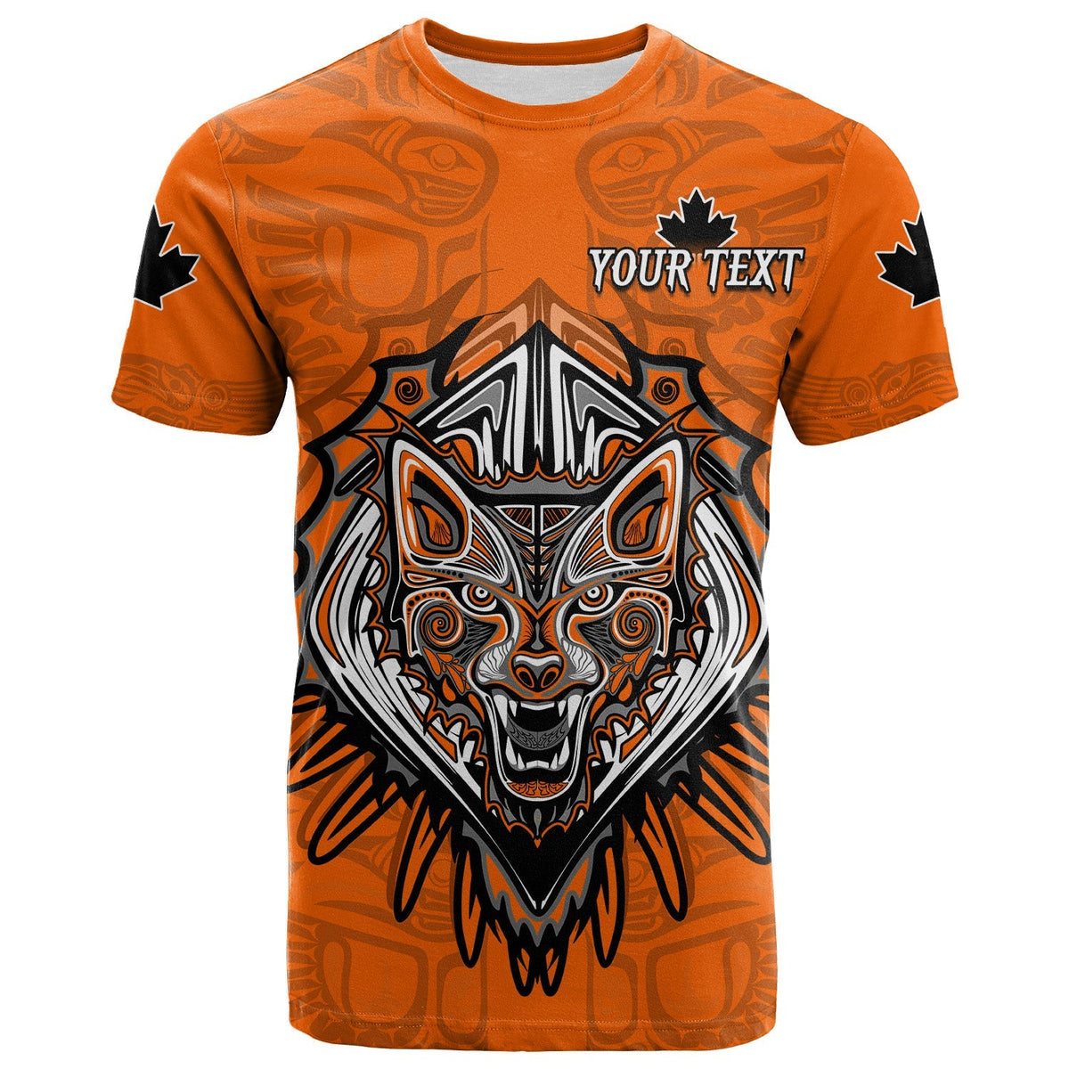 Custom Canada Maple Leaf T Shirt Orange Haida Wolf LT13 - Wonder Print Shop