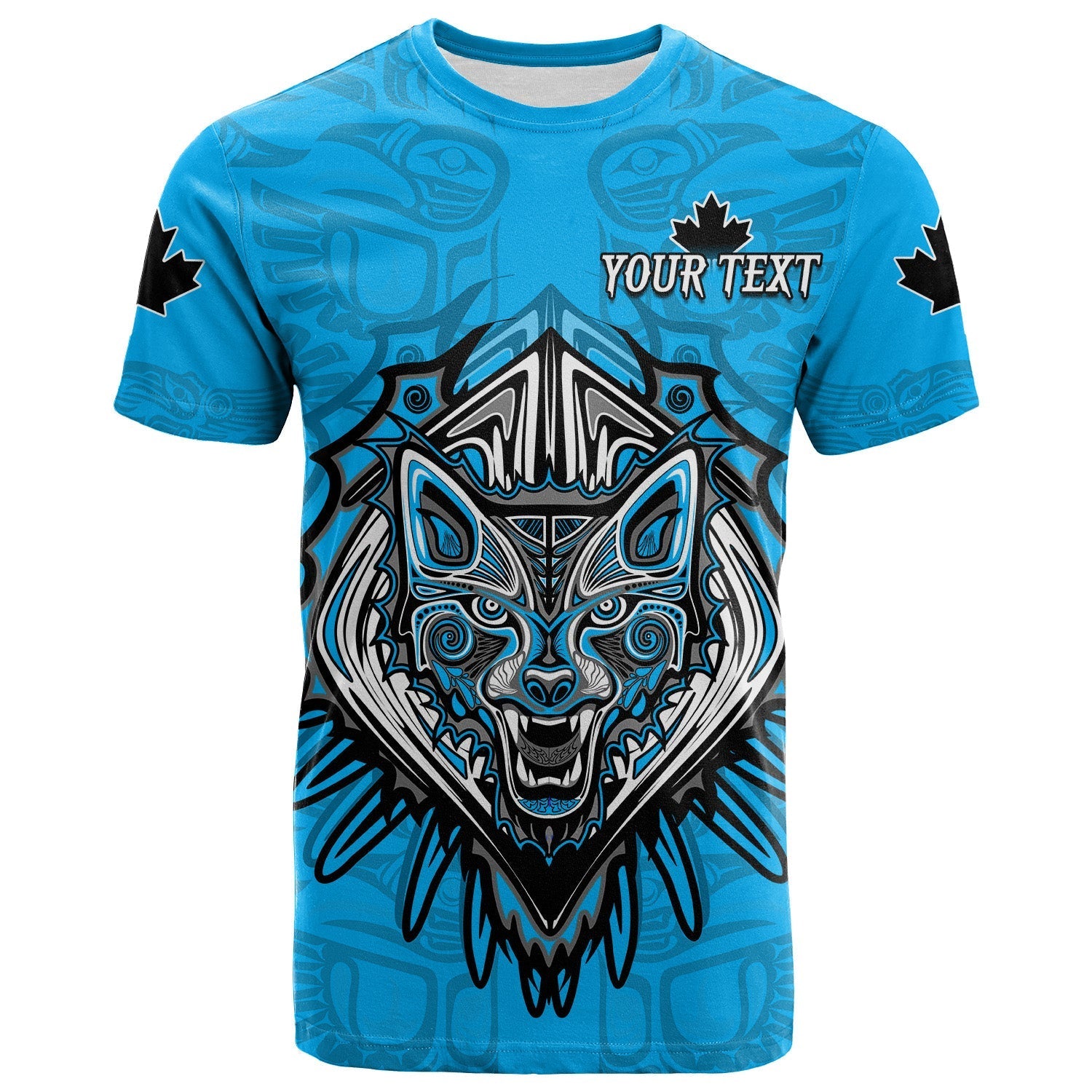 custom-personalised-canada-maple-leaf-t-shirt-blue-haida-wolf