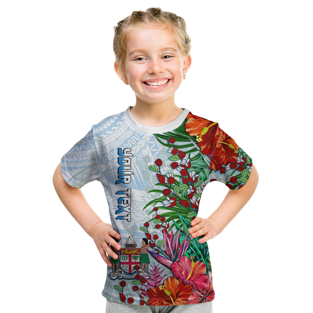 Kids' light blue tropical floral T-shirt with red flowers, green leaves, and long text.