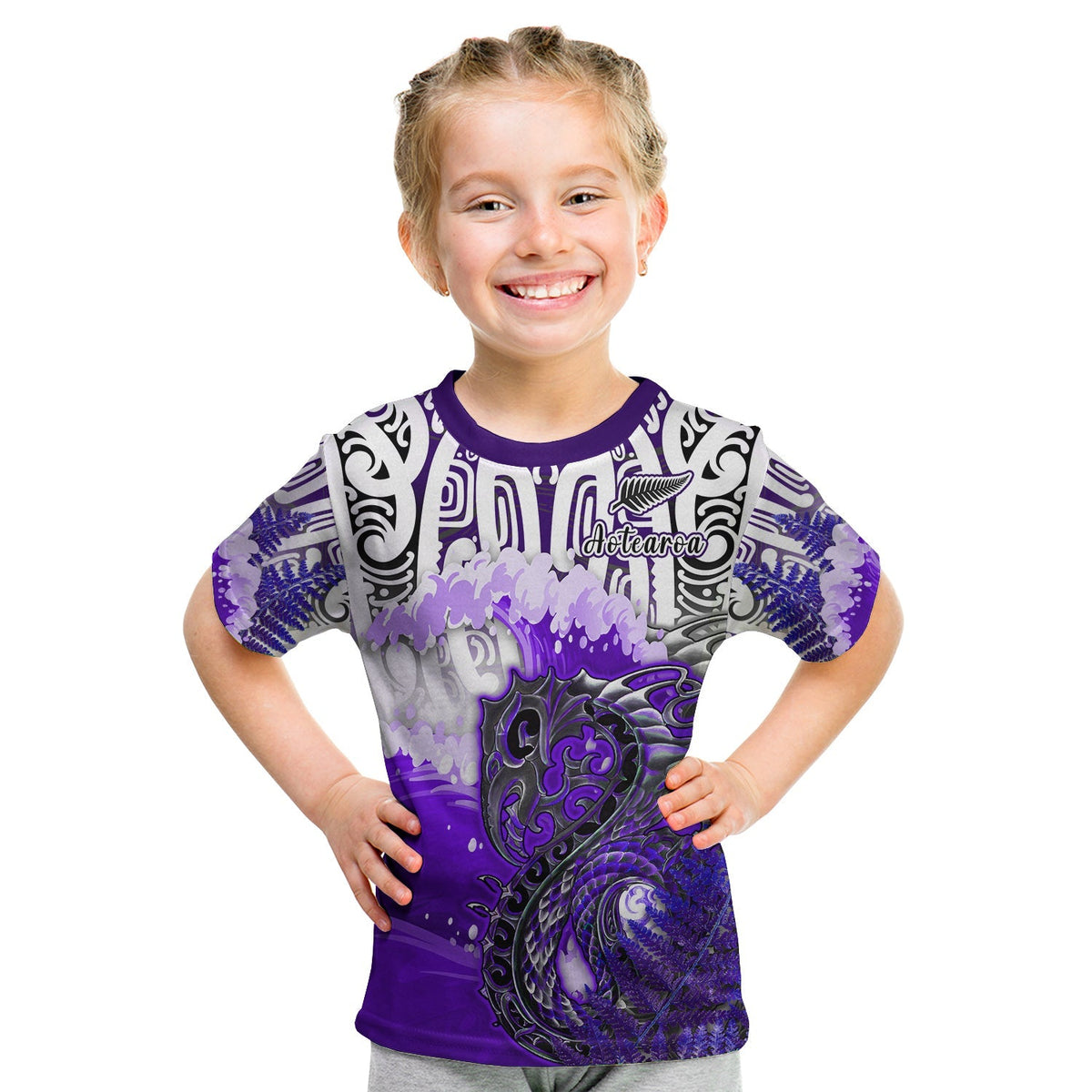 Kids purple printed T-shirt with Maori-style wave and fern graphics